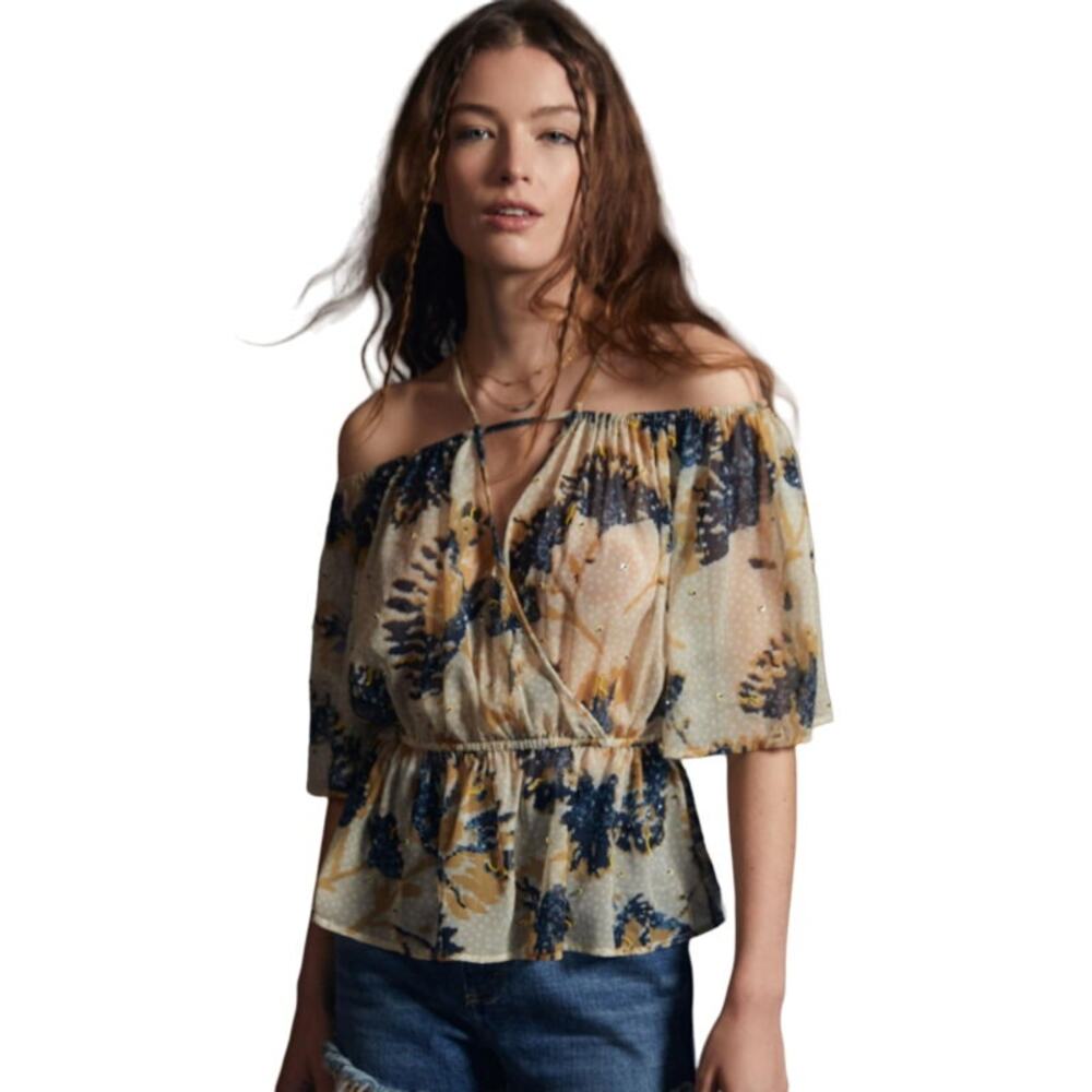 Anthropologie Let Me Be Off The Shoulder Sheer Blouse Tan Yellow Beaded XS New